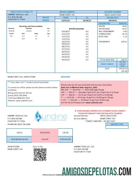 EUA Texas Undine Water é nosso elemento Conta de serviços públicos de água Formatos Word e PDF exemplo real